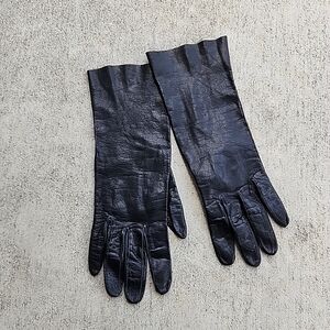 Vintage Womens  Black Leather Formal 11" Long Gloves,Size 7.5